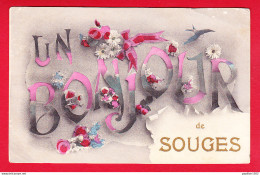 F-33-Souges-02P98  Un Bonjour De SOUGES, Fleurs, Ruban, Cpa Fantaisie, Cachet 57ème Régiment Infanterie - Autres & Non Classés