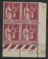 N° 289 Type PAIX Neufs * (MH) Bloc Avec Coin Daté Du 19/1/35 Voir Suite - 1930-1939