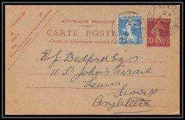 1067 France Entier Postal Stationery Carte Postale Semeuse 20c Marron Oblitéré H1 Date 452 Grande Bretagne Great Britain - Standaardpostkaarten En TSC (Voor 1995)