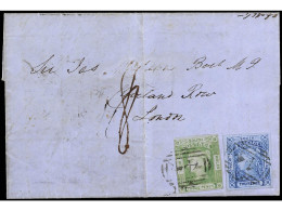 AUSTRALIA. 1854. YASS A LONDRES. 2 D. Azul Y 3 D. Oliva Mat. Parrilla 44, Al Dorso Tránsito Por Sydney Y Llegada. - Other & Unclassified