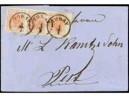 AUSTRIA. 1857. TOKAY A PEST. 3 Kr. Rojo Tira De Tres. PRECIOSA. - Other & Unclassified