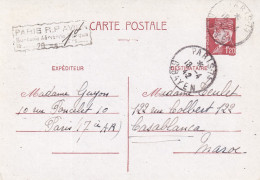 CP. 1942. ENTIER PETAIN 1,20Fr. PARIS RP AVION. SURTAXE AERIENNE PERCUE 1Fr. POUR CASABLANCA. MAROC - Cartes Postales Types Et TSC (avant 1995)