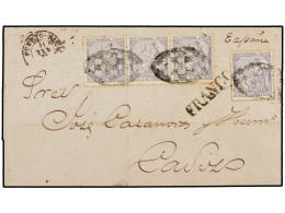 PUERTO RICO. 1872. SAN JUAN A CÁDIZ. 25 Cts. Azul (4). Mat. PARRILLA COLONIAL Y Marca Lineal FRANCO. Circulada Via Ingla - Other & Unclassified