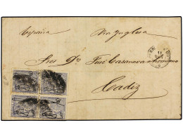 PUERTO RICO. 1874. S. JUAN A CADIZ. 25 Cts. Azul, Bloque De Cuatro, Mat. PARRILLA COLONIAL. Circulado Por La Via De Ingl - Other & Unclassified