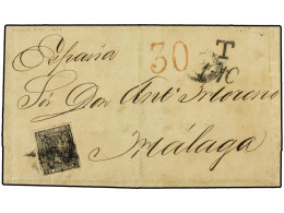 PUERTO RICO. 1876. S. JUAN A MÁLAGA (España). 1 Pta. Negra. Mat. PARRILLA COLONIAL. Tasada A La Llegada Con 30 Y 1-10. M - Autres & Non Classés