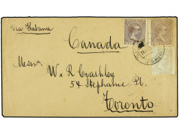 PUERTO RICO. 1894. MAYAGUEZ A TORONTO (Canadá). 1 Ctvo. Castaño, 2 Ctvos. Lila Y 5 Ctvos. Verde. Precioso Franqueo Trico - Autres & Non Classés