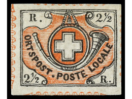 (*) SUIZA. 1850. ZÜRICH. 2 1/2 Rp. Rojo Y Negro. Sin Goma. Grandes Márgenes Y Color Muy Fresco. Muy Buen Ejemplar. Cert. - Altri & Non Classificati