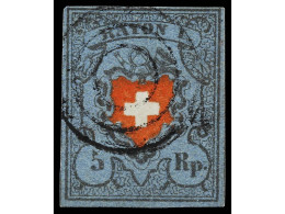 ° SUIZA. 1850. 5 Rp. Azul, Rojo Y Negro. Cruz Sin Encuadrar. Ínfimo Punto Claro En Esquina Superior Izquierda (minimal T - Altri & Non Classificati