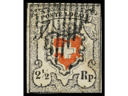 ° SUIZA. 1850. POSTALE LOCALE. 2 1/2 Rp. Rojo Y Negro. Mat. Parrilla Federal En Negro. Dos Márgenes Cortos Y Leve Punto  - Altri & Non Classificati