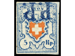 ° SUIZA. 1850. 5 Rp. RAYON I, Mat. P.P. En Azul. Adelgazado (Aminci). Yv.20. Cat. 150€. - Altri & Non Classificati