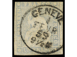 ° SUIZA. 1854-62. 1 F. Gris. Mat. Fechador GENEVE. Margen Superior Corto. Cert. MARCHAND. Zu. 27D. Cat. 900€. - Sonstige & Ohne Zuordnung