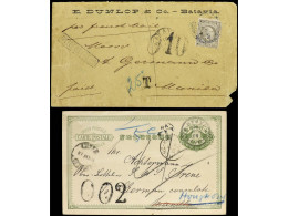 FILIPINAS. 1889-96. Carta Y Tarjeta Procedentes De Batavia Y Nagasaki Tasadas A La Llegada Con 002 Y 010 (pesos). - Autres & Non Classés