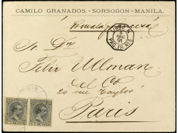 FILIPINAS. 1891. MANILA A FRANCIA. 5 Ctvos. Verde Negro (2). Mat. Fechador De Manila Y Fechador De La Línea N Del Correo - Other & Unclassified