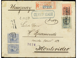 FILIPINAS. 1898. MANILA A MONTEVIDEO (Uruguay). 2 Ctvos. Azul (2) Y Sellos Provisionales De 5 Ctvos. S. 5 Ctvos. Verde Y - Autres & Non Classés