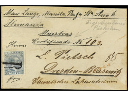 FILIPINAS. (1896 Ca.). Etiqueta De Paquete Postal Circulada De MANILA A ALEMANIA Con Sello De 15 Ctvos. Verde Azul (MUY  - Autres & Non Classés