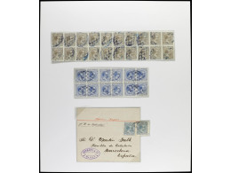 °/ FILIPINAS. 1896-97. CORREO DE IMPRESOS. Página De álbum Con Un Bloque De 12 De 1 Mil. Azul, Un Bloque De 20 Del 2 Mil - Autres & Non Classés