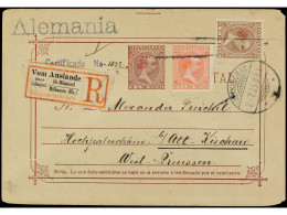 FILIPINAS. 1895. MANILA A ALEMANIA. 2 Ctvos. Carmín Y Franqueo Adicional De 1 Ctvo. Rosa Y 8 Ctvos. Castaño Rojo, Mat. L - Autres & Non Classés