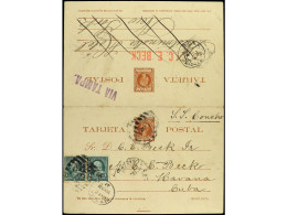 CUBA. 1898. HABANA A NEW YORK Y NEW YORK A  LA HABANA. Entero Postal Doble De 3 Ctvos. + 3 Ctvos. Castaño Rojo Circulado - Autres & Non Classés