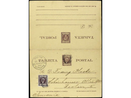 PUERTO RICO. 1898. PONCE A ALEMANIA. Entero Postal Doble 2 Ctvos. + 2 Ctvos. Violeta Circulado A La Ida Con Franqueo Adi - Other & Unclassified
