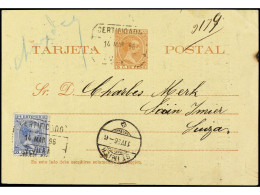 PUERTO RICO. 1896. SAN JUAN A SUIZA. 3 Ctvos. Castaño Rojo Con Franqueo Adicional De 5 Ctvos. Azul Circulado Por Correo  - Autres & Non Classés