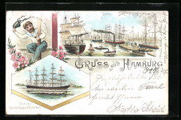 Lithographie Hamburg, Segelschiff Potosi Im Hafen  - Segelboote