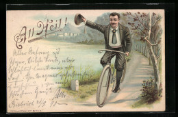 Lithographie All Heil, Mann Am See Auf Fahrrad, Grüssend  - Warships