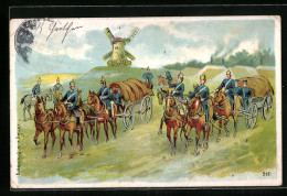 Künstler-AK Militärische Transportkutschen Vor Einer Windmühle  - War 1914-18