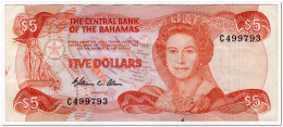 BAHAMAS,5 DOLLARS,L.1974 (1984) P.45a,VF,1 PIN HOLE - Bahama's