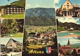 AFLENZ, STYRIA, MULTIPLE VIEWS, ARCHITECTURE, FOUNTAIN, CAR, CHURCH, TOWER, EMBLEM, MOUNTAIN, POOL, AUSTRIA, POSTCARD - Alfenz