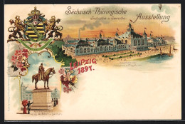 Lithographie Leipzig, Sächsisch-Thüringische Industrie-Gewerbe-Ausstellung 1897, Wappen, König-Albert-Denkmal  - Expositions