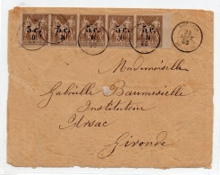 !!! REUNION, BANDE DE 5 DU N°7 SUR LETTRE DE ST DENIS DE 1888 POUR LA GIRONDE - Covers & Documents