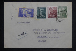 ESPAGNE - Enveloppe En Recommandé De Barcelone Pour La France En 1955, Affranchissement Avec PA  De 1944  - L 153336 - Lettres & Documents