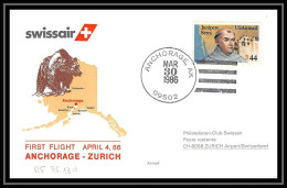 0124 Lettre Aviation (Airmail Cover Luftpost) Suisse (Swiss) Swissair ANCHORAGE ZURICH 1986 - Avions