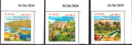 2024-Tunisie- Systèmes Agricoles Innovants : Gafsa, Djebba, Ghar El Meleh - Série Complète 3V Coin Daté -.MNH****** - Vegetazione