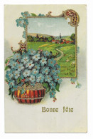 CPA Fantaisie- Bonne Fête - Fleurs Bleues Dans Un Pot Et En Arrière Plan Village Dans Un Cadre - Dorure - - Autres & Non Classés