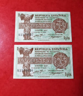 PAREJA CONSECUTIVA BILLETE 1 PESETA 1937 SIN CIRCULAR SC- / UNC SPAIN BANKNOTE LOT ESPAGNE *COMPRAS MULTIPLES CONSULTAR* - 1-2 Pesetas