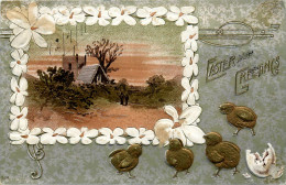 PÂQUES - EASTER GREETINGS - NICE SCENERY - POUSSINS - EMBOSSED -  TRAVEL IN 1911 - - Pâques