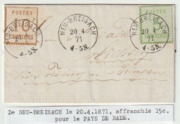 1343p - NEU BREISACH Pour FRIBOURG Pays De Bade - 20 Avril 71 - Tarif 15 Ctes - NEUF BRISACH - - Guerra Del 1870