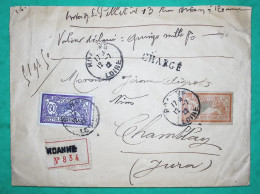 N°144 + 145 MERSON LETTRE CHARGE ROANNE LOIRE POUR CHAMBLAY JURA 1922 COVER FRANCE - 1900-27 Merson