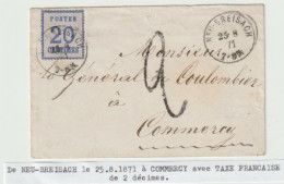 1344p - NEU BREISACH Pour COMMERCY Meuse - 25 Aout 71 - NEUF BRISACH - 20 Ctes Alsace + Taxe 2 Décimes - - Guerra De 1870