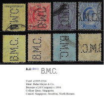 Malaysia Straits Settlements 1903/1914 4 Stamp Perfin B.M.C. By Behn Meyer & Co Singapore Jesselton North Borneo Lochung - Straits Settlements