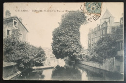 Corbeil - 2 CPA   Vue Sur L'Essonnes. Circulée 1908 ; Pont Sur L'Essônne. Circulée 1907, Cachet Ambulant - Corbeil Essonnes