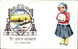 CPA Glückwunsch Neujahr, Mädchen Mit Muff, Portrait, Dorf, Kirche - Año Nuevo