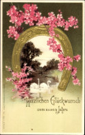 Lithographie Glückwunsch Neujahr, Hufeisen, Schwäne, Blumen - Año Nuevo