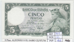 BILLETE ESPAÑA 5 PESETAS 1954 SERIE T P-146a.2 SIN CIRCULAR - Other & Unclassified