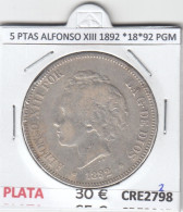 CRE2798 MONEDA  ESPAÑA 5 PESETAS ALFONSO XIII 1892 *18*92 PGM PLATA MB - Autres & Non Classés