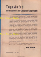 Tract Ancien De Mai 1945 - Message De Karl DONITZ Aux Soldats Allemands à La Mort Du Fuhrer WWII Soldaten Wehrmacht - 1939-45