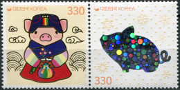 South Korea 2018. Year Of The Pig 2019 (MNH OG) Block Of 2 Stamps - Corée Du Sud