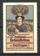 Reklamemarke Dillingen I. B., Schwarzwälder Grosse Gastwirts-Fachausstellung 1912, Frau In Tracht, Stadtansicht  - Erinnophilie