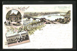 Lithographie Coblenz, Restaurant Trinkhalle Rheinanlagen, Schloss, Panorama  - Autres & Non Classés